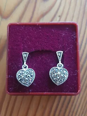 Marcasite Heart Drop Earrings By Marcasite And More London 925 Silver • £19.50