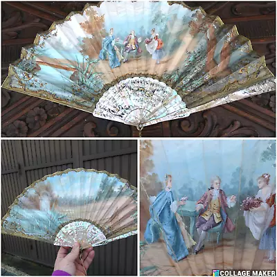 Antique SIGNED  FRENCH HAND PAINTED Paper FAN ETCHED MOTHER OF PEARL 1800s • $1225