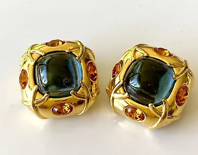 Vintage Nolan Miller Gold Tone Sapphire Blue And Amber Clip On  Earrings • $42