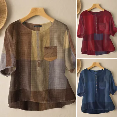 Women 100% Cotton Tops Shirt Short Sleeve Round Neck Plaid Check Blouse Tops Tee • $28.82