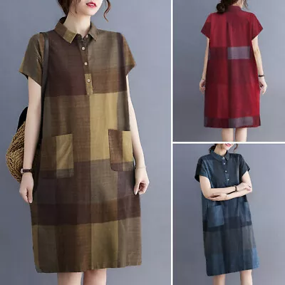 $27.16 • Buy ZANZEA Womens Short Sleeve Check Plaid Colalred Casual Summer Maxi Shirt Dress