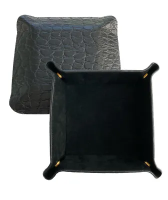 Genuine Black Leather & Suede Valet Jewelry Catchall Organizer Tray Collapsible • $9.95