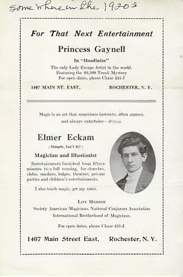 Elmer Eckman & Princess Gaynell Escape Artist  Flyer-ca 1920s-His Photo-msc13aF • $12.24