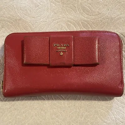 Authentic PRADA Saffiano Fiocco Bow Zip Around Leather Long Wallet Pink Barbie • $43.99