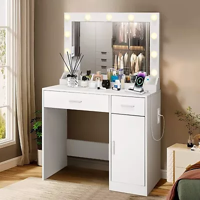 Vanity Desk With Lighted Mirror & Power Outlet White Makeup Vanity Desk Bedroom • $189.99