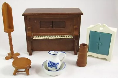 Vintage 7 Pc Dollhouse Miniatures Collection Music Box Player Piano Stool Etc • $15.63