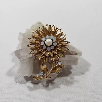 Brooch Vintage Pin Goldtone Swarovski Crystals Signed Reg 267 Floral Faux Pearl • $16.99