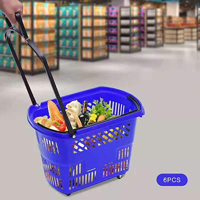 6 PCS Shopping Basket Blue Plastic With Wheels For Market Grocery Retail Store • $69.31