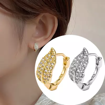 925 Sterling Silver Micro Pave CZ Branch Leaf Circle Hoop Huggie Earrings J1 • $14.95