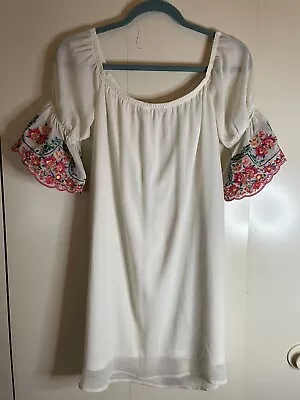 $27.49 • Buy Va Va By Joy Han Small White Lined Dress Short Embroidered Sleeves Elegant Hippy