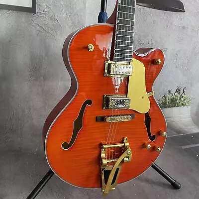 Hollow Body Orange 6 Strings Electric Guitar Flame Maple Top HH Pickups • $361.92