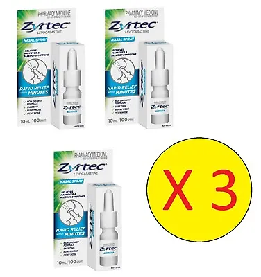 3 X Zyrtec Nasal Spray 10ml For Hayfever Allergy Fast Sinus Relief Antihistamine • $68.99