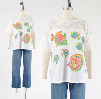 Vintage 80s White Tropical Fish Print Shirt Sheer Fishnet Sea Beach T-shirt S M • $38