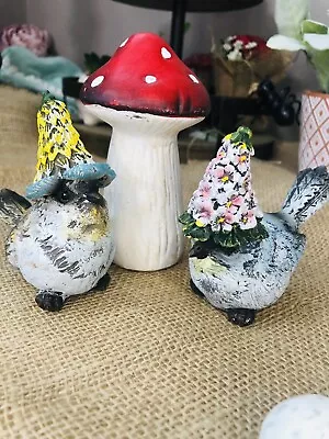 2 Little Birds Sitting In Front Of Mushroom  Ceramic Figure Statue Decor • $20