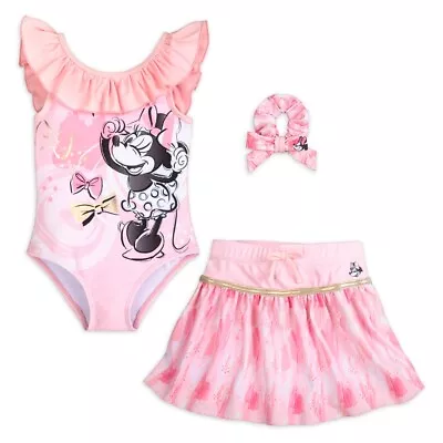 NWT Disney Store Minnie Mouse Swimsuit Skirt Scrunchie Girls 3 Pc UPF 50+ U Pick • $33.98