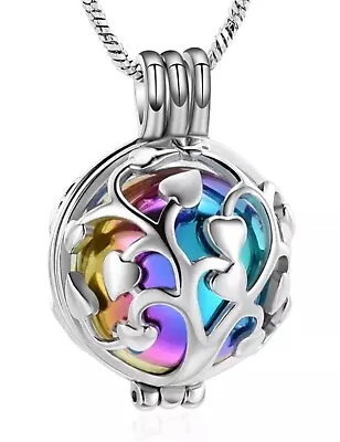 Rainbow Hearts Cremation Locket Urn Pendant Ashes Necklace Funeral Memory • £15.95