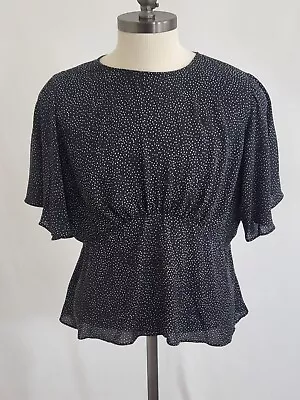 Women's Express Black White Polka Dot Short Sleeved Top Zip Up Back Sz XL Flaw** • £14.43