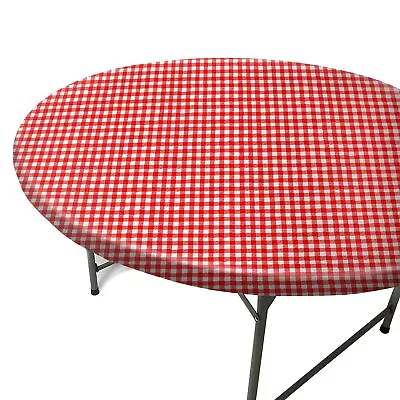 Fits Tables Up To 55  To 60  Inch Round Tablecloth Elastic Red & White Checke... • $24.92