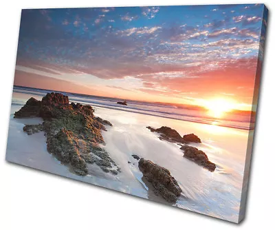 Beach Rocks Dusk Landscape Sunset Seascape SINGLE CANVAS WALL ART Picture Print • £19.99