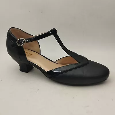 Hotter  T-Bar Shoes Black Womens 7 EXF Leather Mary Jane Low Heels Smart Dance • £29.99