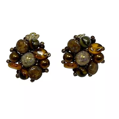 Vintage Clip On Earrings Brown Gold Green Acrylic And Stone Gold Tone Metal • $9.99