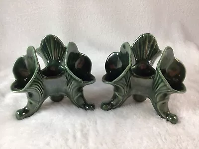  2 Van Briggle Pottery 3 Footed Tulip Cornucopia Dark Green Candle Stick Holders • $49.99