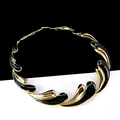 Vintage Trifari Modernist Swirl Black Enamel Gold-plated Choker Necklace • $60