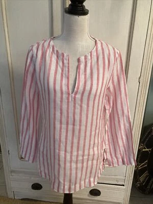 $15 • Buy Island Company Linen Long Sleeve Resort Boho Beach Tunic Red  White Women’s S