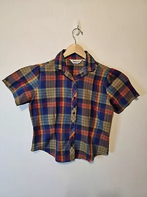 Vtg 80s Womens 11 Blouse Button Down Aansworth Ltd Of Ca. Blue Orange Plaid • $20