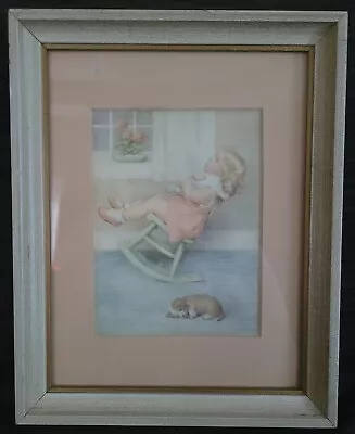 BESSIE PEASE GUTMANN The Lullaby Toddler Baby Doll Rocking Chair Puppy FRAMED • £12.55