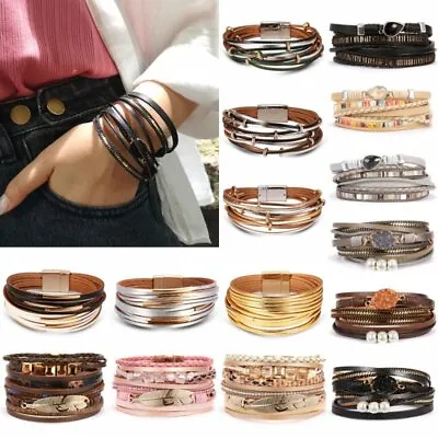 £3.79 • Buy Multi-layer Leather Cuff Magnetic Clasp Bracelet Bangle Wristband Women Jewelry
