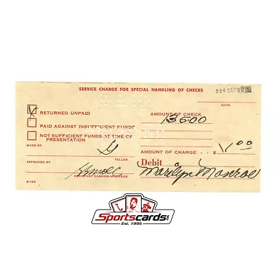 Marilyn Monroe Bank Issue Service Charge Receipt Dated 9-26-50 • $124.99