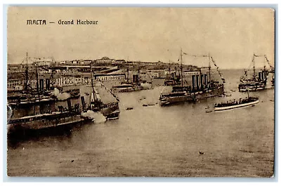 C1910 View Of Steamboat Ship Grand Harbour Malta Antique Unposted Postcard • £28.45