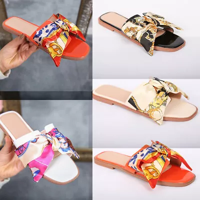 Ladies Womens Flat Scarf Ribbon Bow Slides Sliders Holiday Fashion Sandals Shoes • £12.99