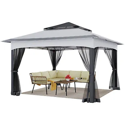Outdoor Patio Gazebo W/Netting Sides Double Roof Garden Canopy Tent 3.3x3.3x2.8m • £136.99