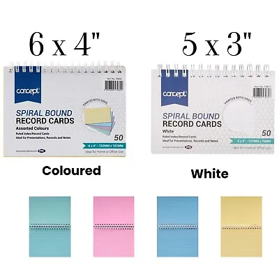 Index Record Cards Spiral Bound Ruled White & Coloured Paper Sheet Pack Of 50 UK • £3.14