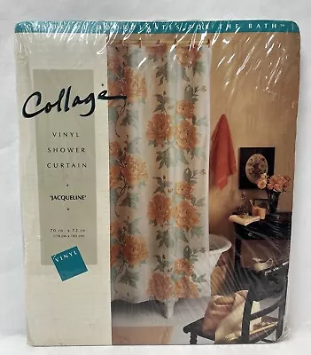 Vintage VINYL  Collage JAQUELINE  Shower Curtain Large Peony Flowers NOS 70”x72” • $36.95