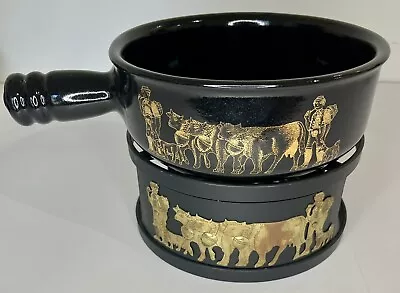 Vintage Heavy Ceramic Swiss Fondue Pot & Burner Set Black And Gold • $98.50