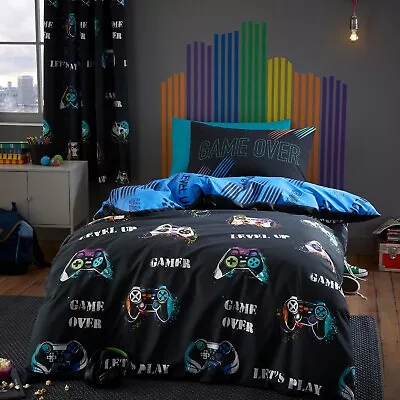 Children Gaming Gamer Game Over Duvet Cover Single Quilt Bedding Set Black Blue • £14.95