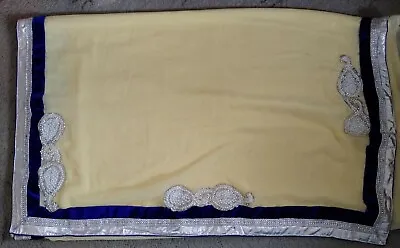 🥻 Indian Ivory Cream Velvet Blue Saree Sari Partywear • £18.50