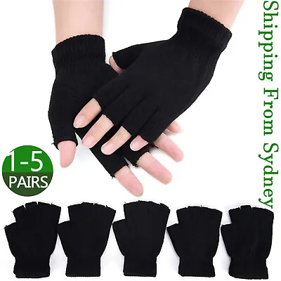 Black Fingerless Gloves Knitted Winter Warm Half Open Finger Soft Mittens Unisex • $5.59