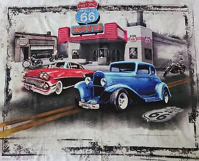 New Digitally Printed Fabric Panel Vintage Cars Motorcycles On Old Route 66 • $18.99