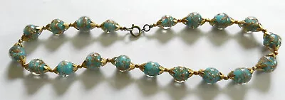 Vintage Venetian Murano Turquoise Gold Foil Glass Bead Necklace- 16  • $45