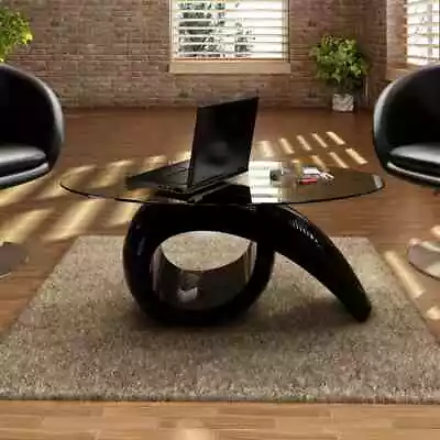 Elegant High Gloss Black Oval Glass Coffee Table Modern Living Room Furniture • $369.85