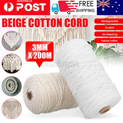 $11.75 • Buy 3/5mm Macrame Rope Natural Beige Cotton Twisted Cord Beige Hand Craft 