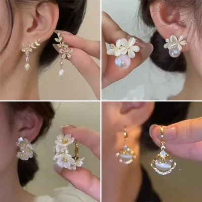 Fashion Silver Color Crystal Zircon Flower Earrings Stud Dangle Drop Women Gift • $3.40