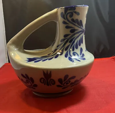 Delft Hand Painted Stoneware Pottery Jug Floral Vase Blue And Gray Beautiful • $49.99