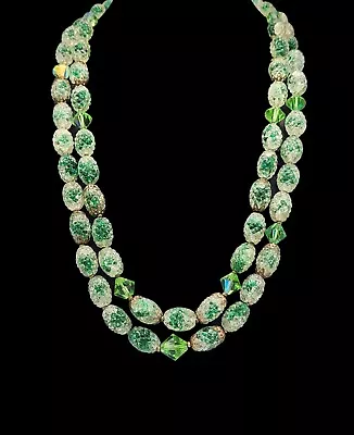Vintage Signed Crown TRIFARI Green Sugar Art Glass Beads Double Strand Necklace  • $53