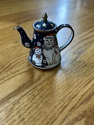 Vintage Hand Painted Enamel On Copper Miniature Teapot Cat With Santa Hat • $17