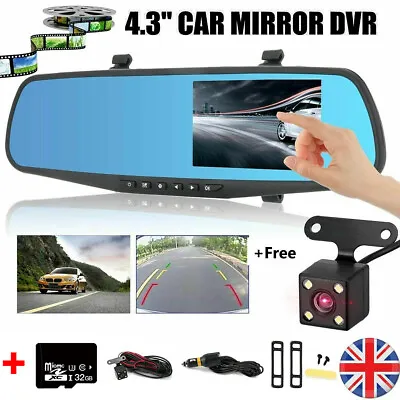 4.3  Mirror Car Dash Cam Front And Rear Camera HD 1080P With 32GB SD Memory Card • £21.99